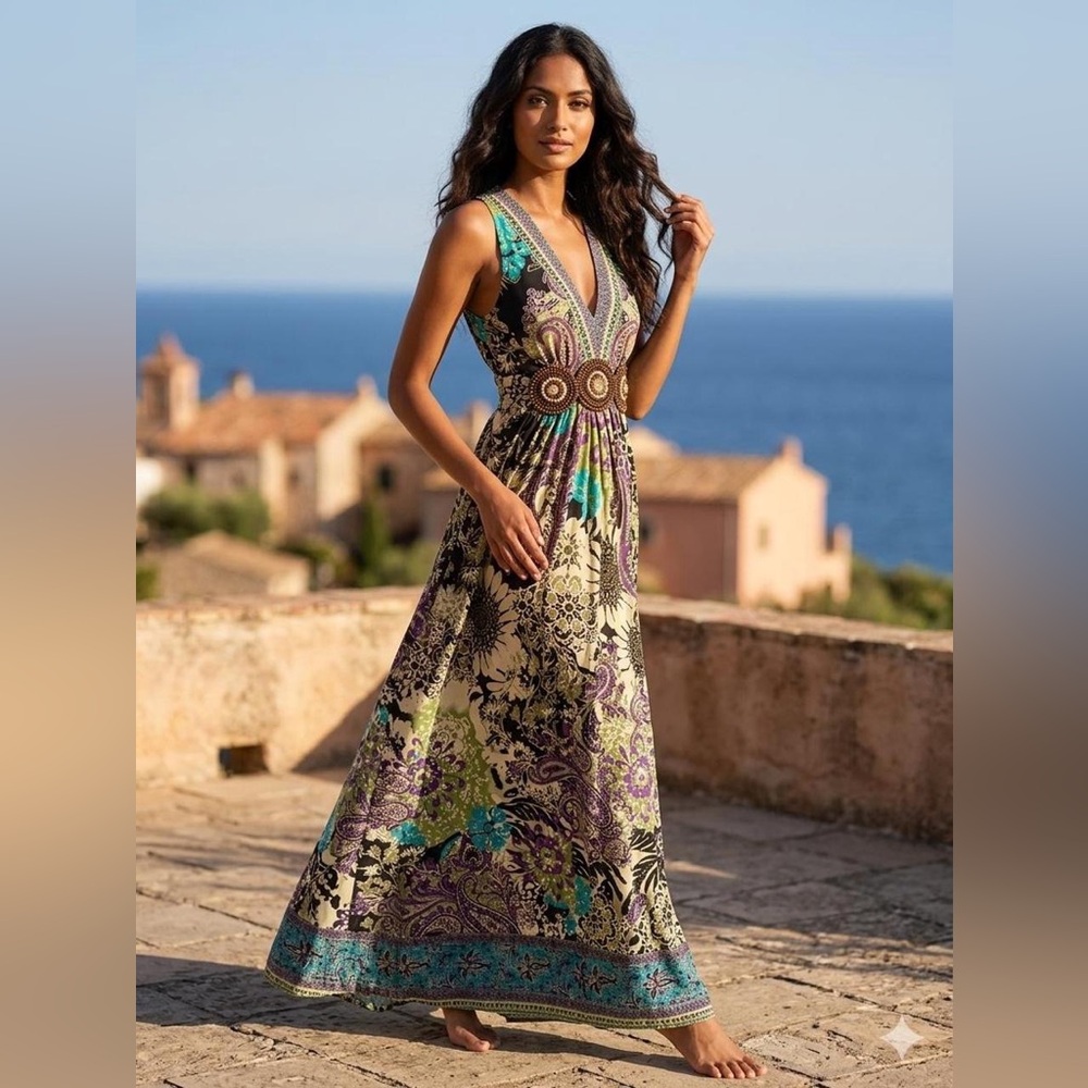 Ice Floral V-Neck Maxi Dress in Green and Purple